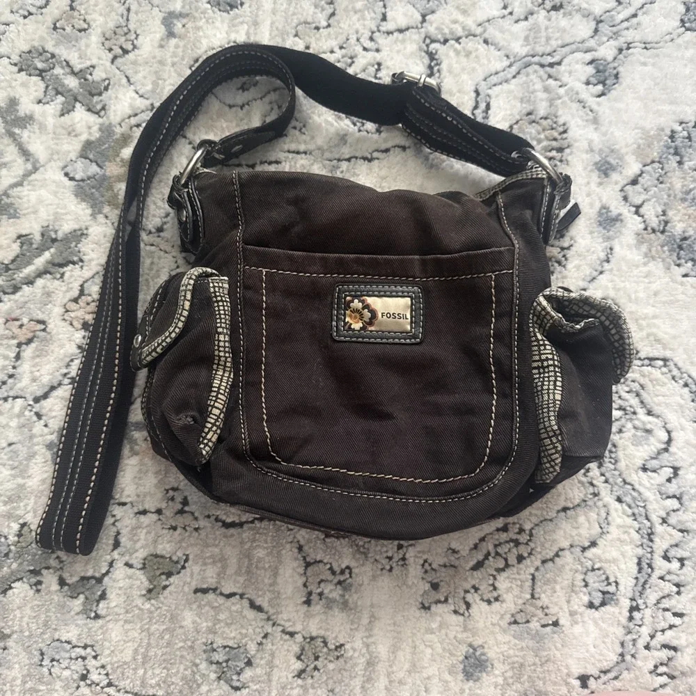 Vintage Y2K Fossil Denim Black Canvas Crossbody Bag Shoulder Purse Handbag Hobo